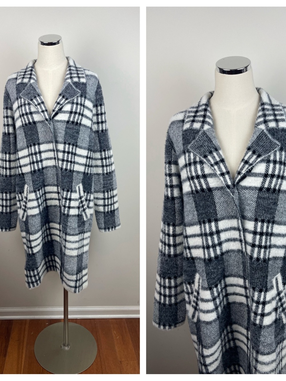 Cyrus Black White Plaid Fuzzy Long Coat Jacket Women Large